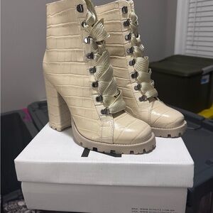 SCHUTZ Beige Croc-Embossed Heeled Boots